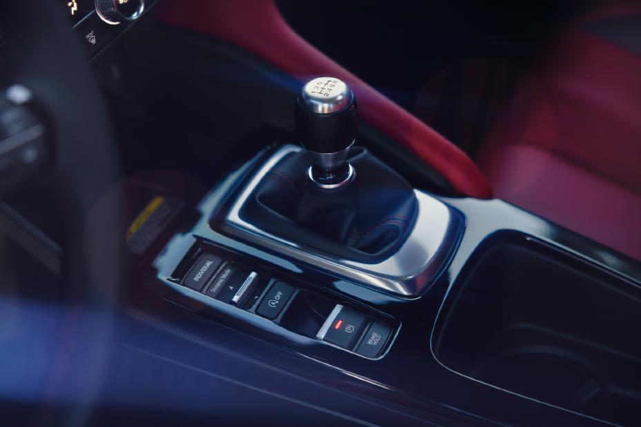 Official Acura photo of the 2026 Integra six-speed manual shifter with the shift pattern on the knob
