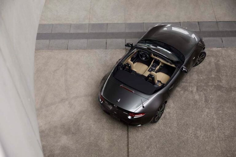 Official Mazda photo of a 2026 MX-5 Miata cabin with tan Nappa seats and a six-speed manual shifter