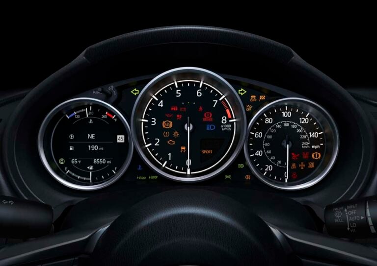 Official Mazda photo of the 2026 MX-5 Miata instrument cluster showing a 7,500 rpm redline