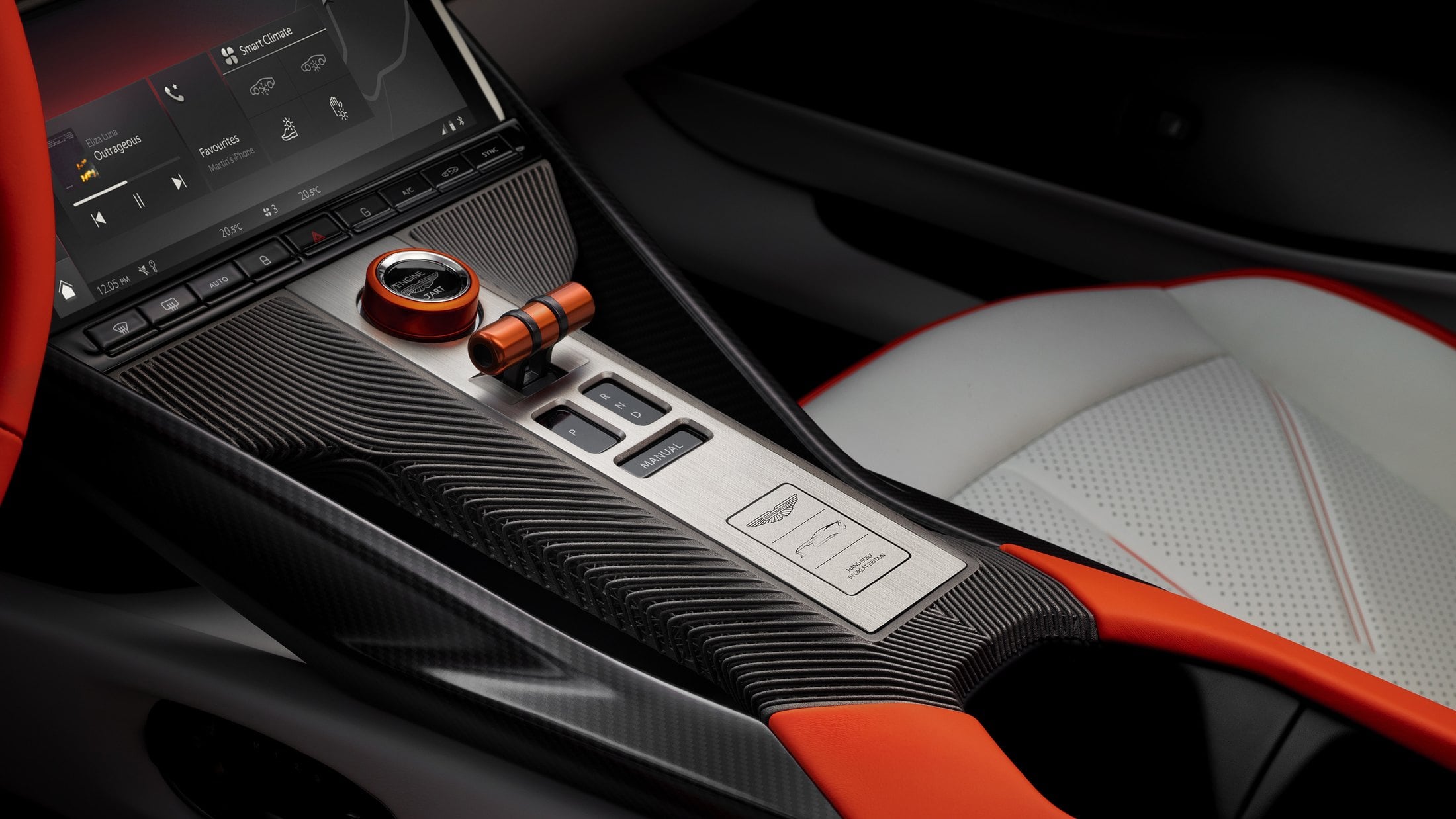 Official photo of the Aston Martin Valen centre console, 3D-printed trim and engine-start switchgear