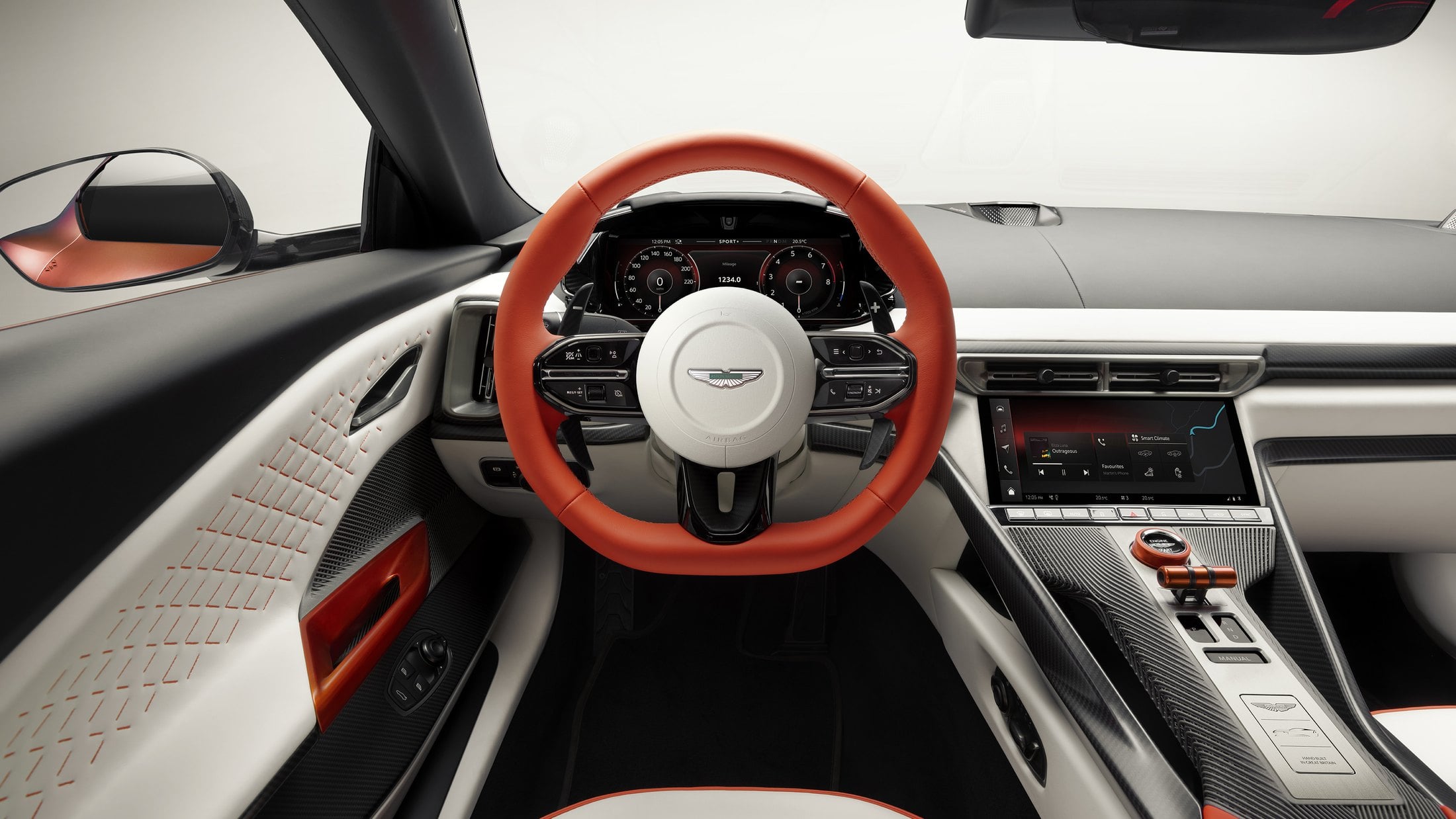 Official photo of the Aston Martin Valen cockpit, tilted centre console and Valhalla switchgear