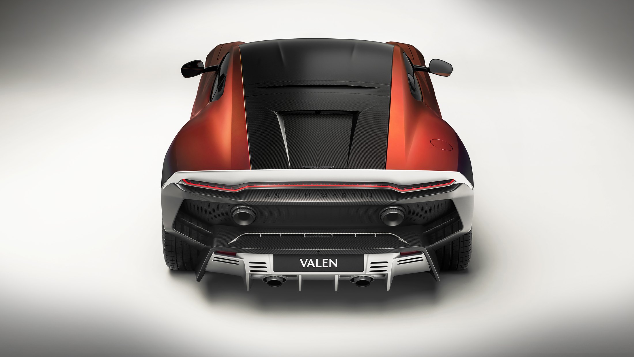 Official photo of the Aston Martin Valen rear, quad titanium exhaust and full-width light bar