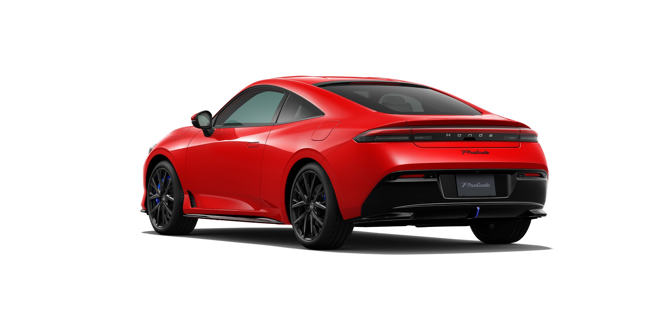 Official Honda photo of the 2026 Prelude, rear three-quarter in red with a full-width light bar