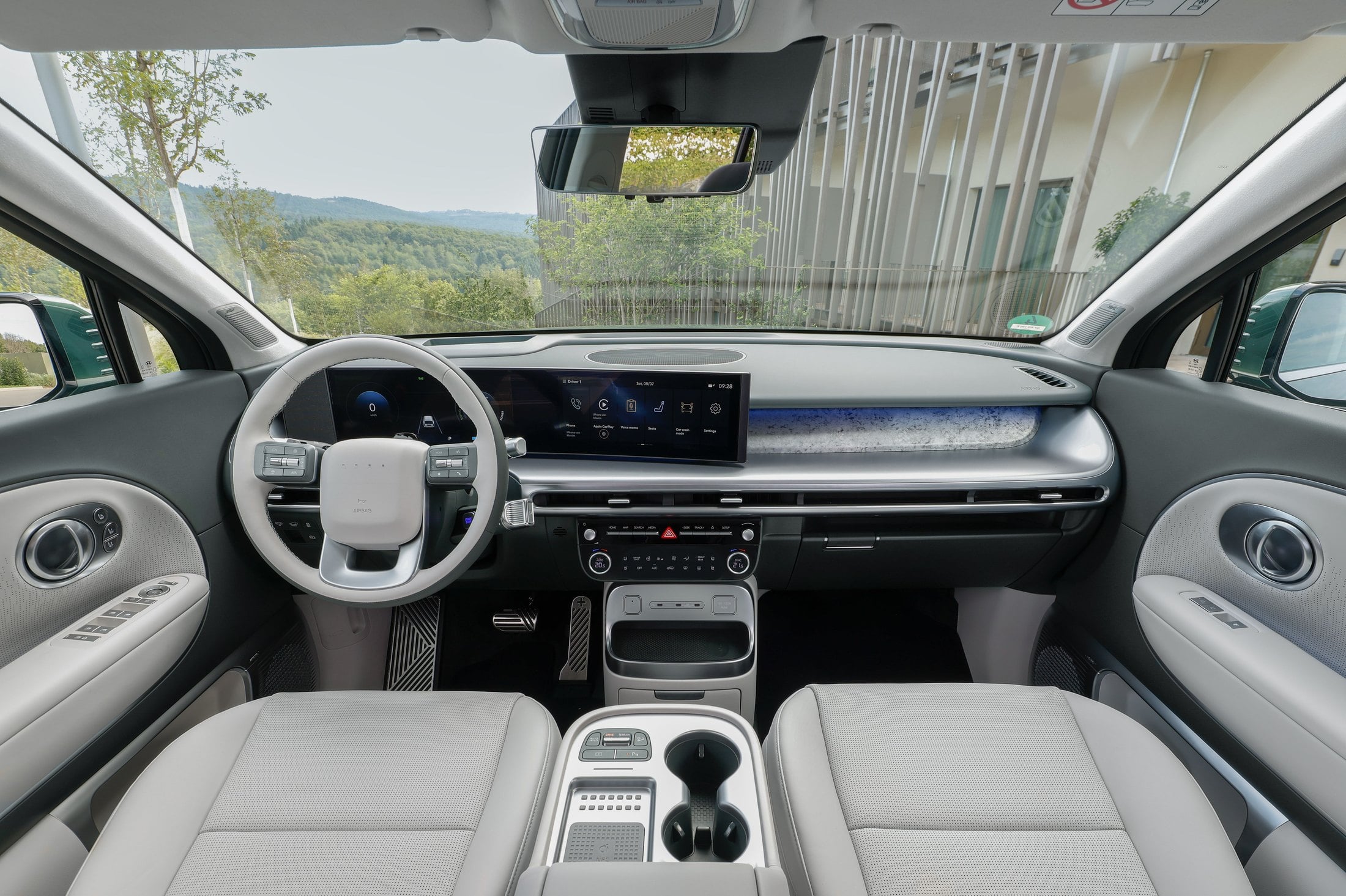 Official Hyundai photo of the 2026 Ioniq 9 front cabin and dual 12.3-inch displays