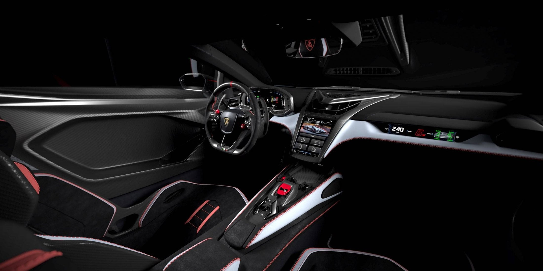 Official photo of the Lamborghini Revuelto SV cockpit with red Pilota and ANIMA selectors
