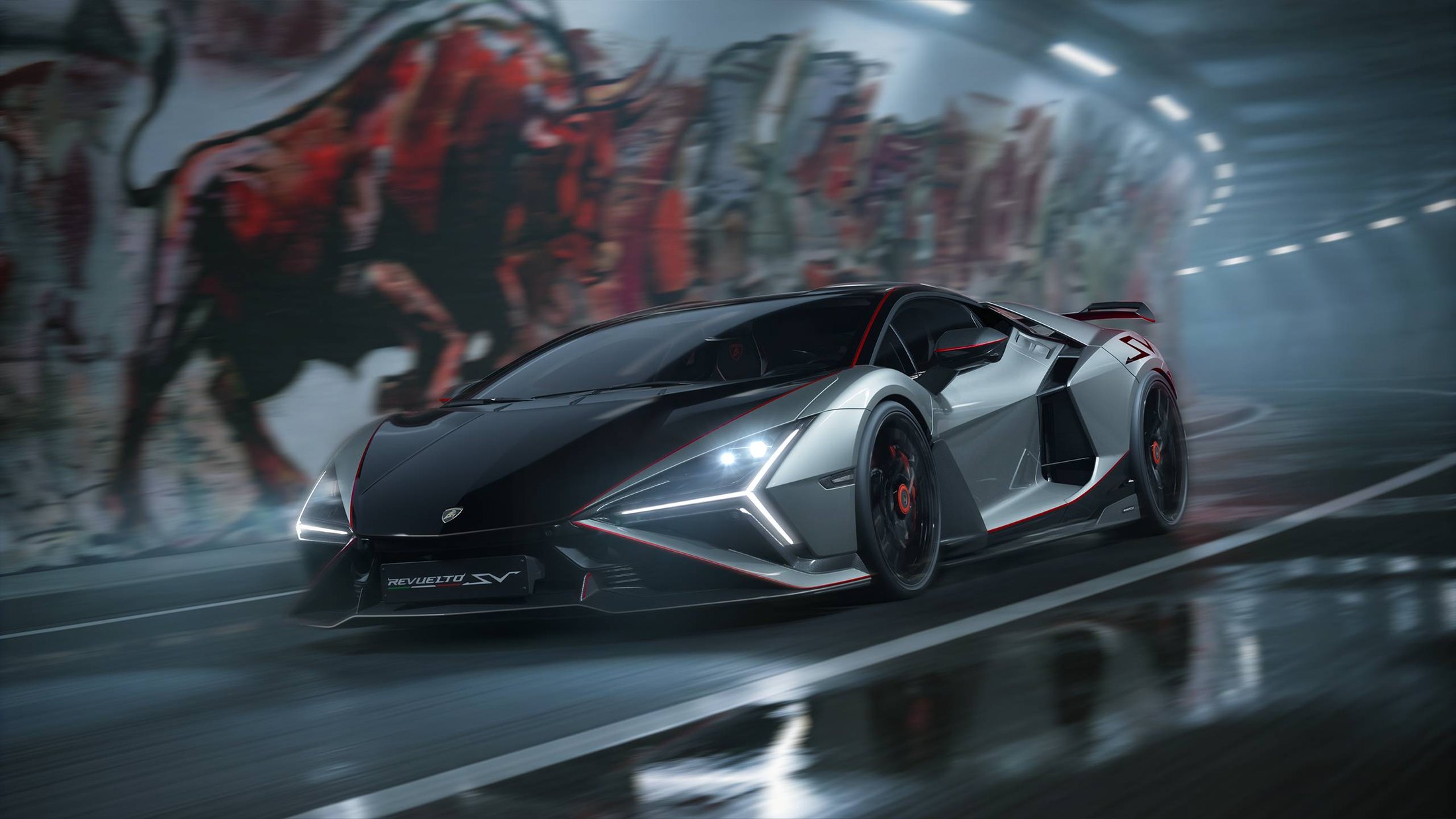 Official photo of the Lamborghini Revuelto SV in silver, three-quarter front in a tunnel