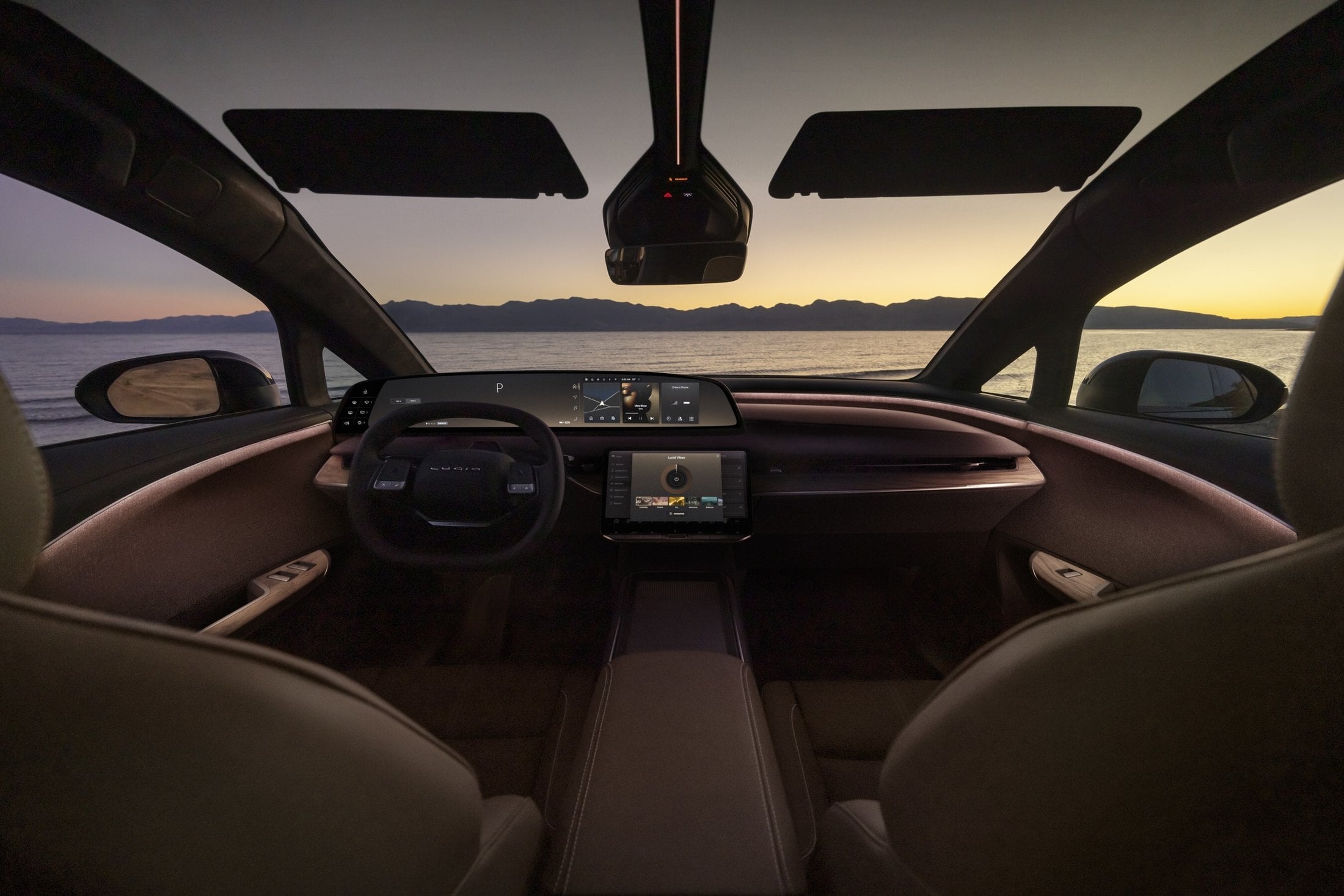 Lucid Gravity Touring Clearview Cockpit at sunset
