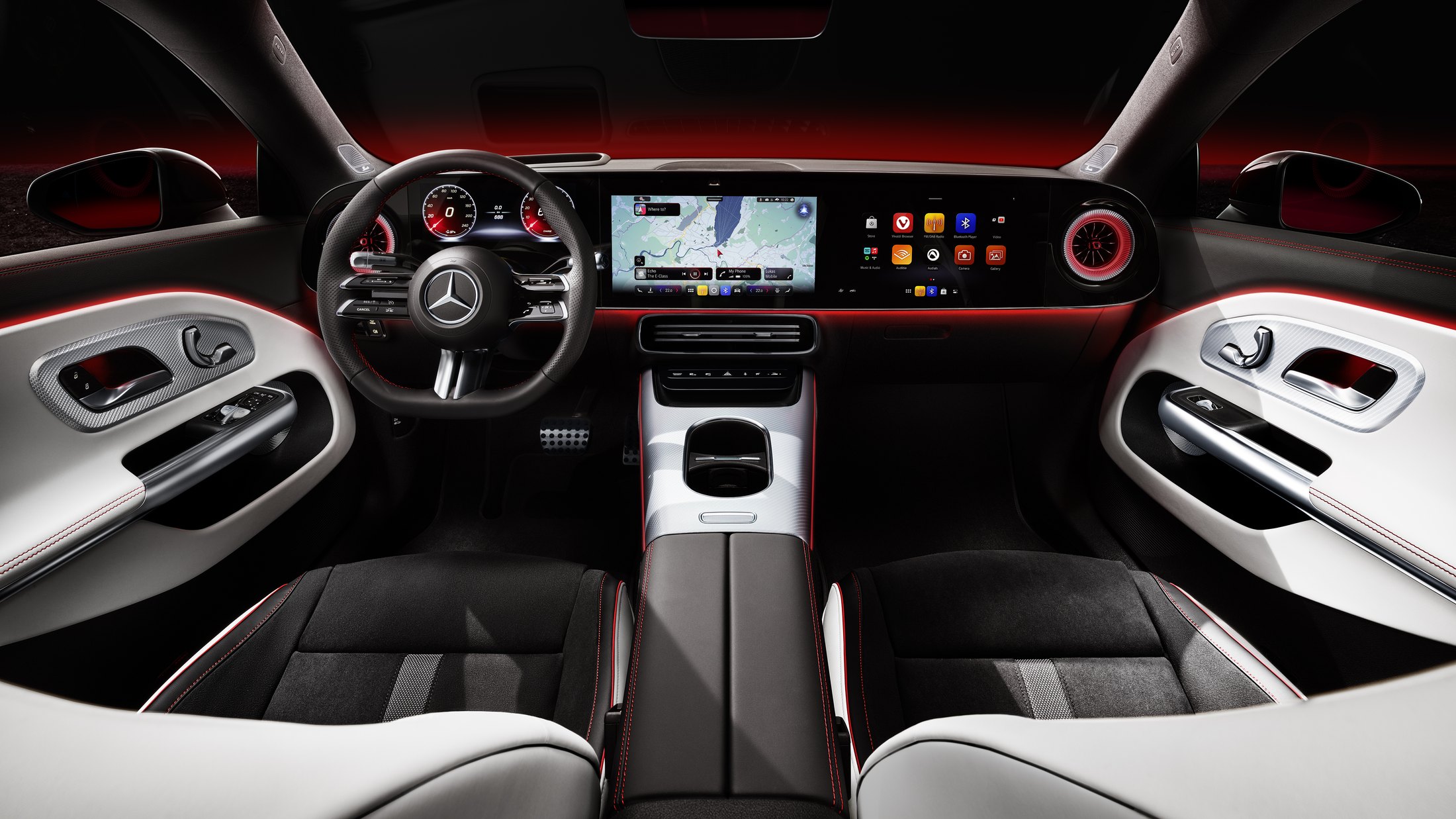 Official Mercedes-Benz photo of the CLA cabin with the optional MBUX Superscreen