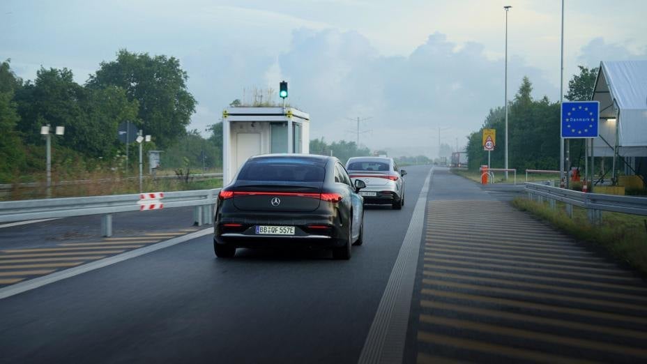 EQS solid-state test cars crossing into Denmark