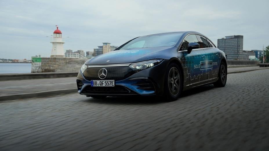 Mercedes-Benz EQS solid-state test car at a harbor