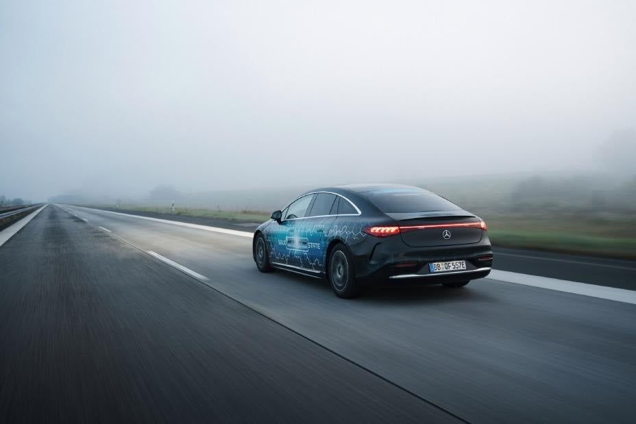 Rear view of the EQS solid-state test car