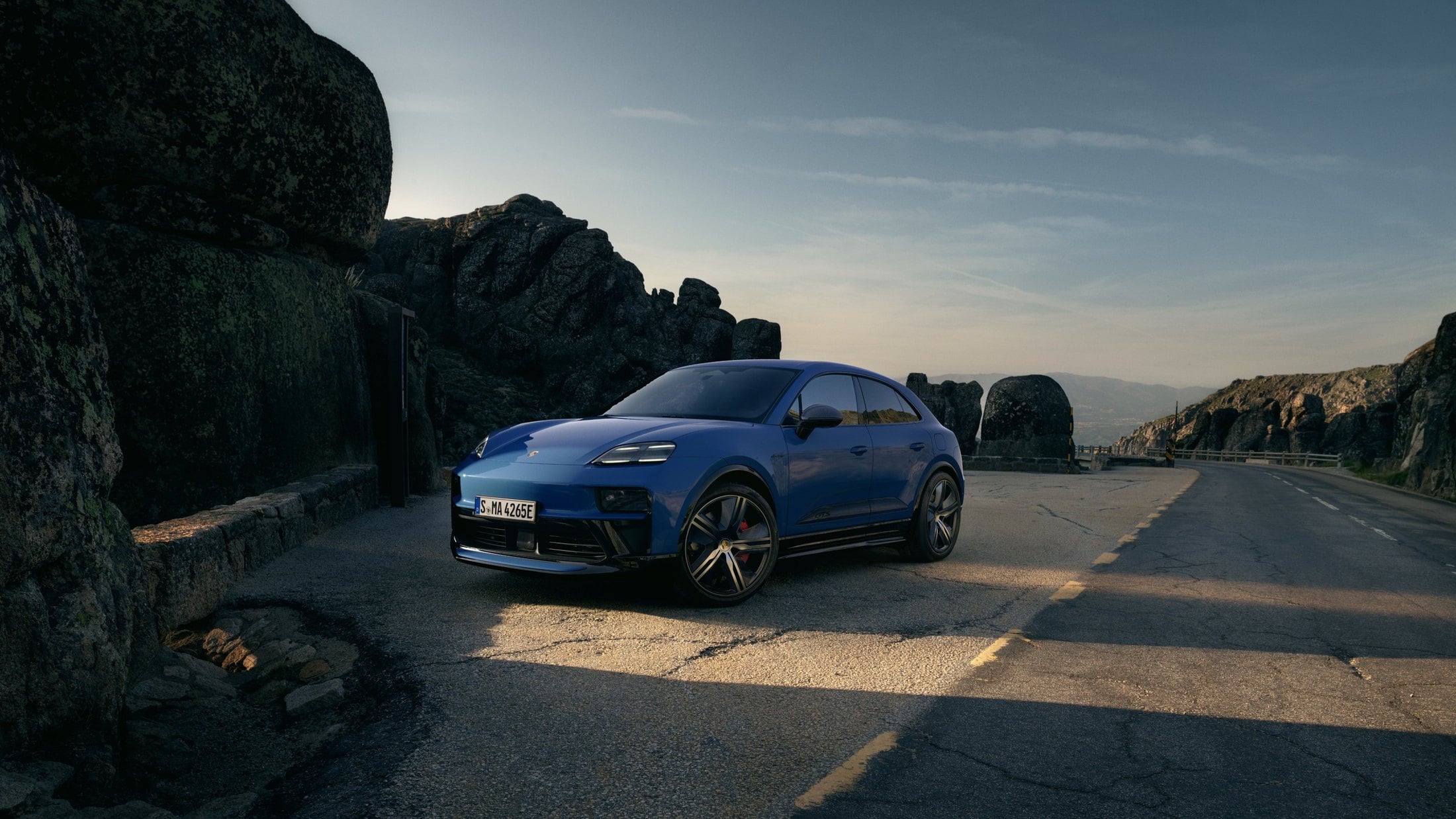 Official Porsche photo of the Macan GTS Electric, front three-quarter