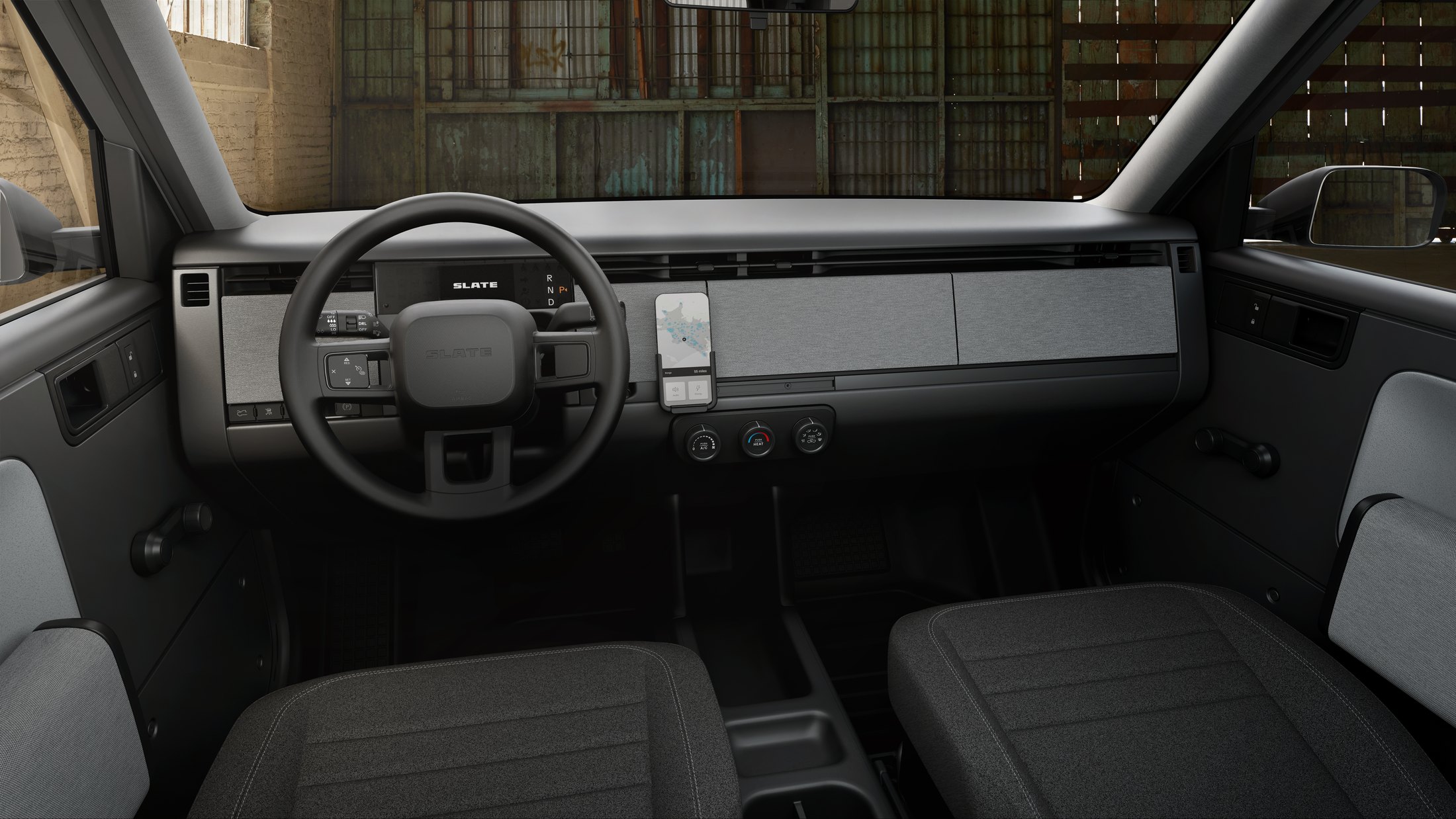 Official Slate interior of the Blank Slate: phone mount, three climate knobs, no touchscreen