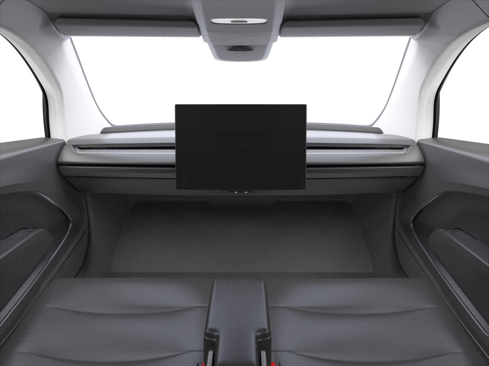 Tesla Cybercab cabin looking forward: two seats, landscape touchscreen, no steering wheel or pedals