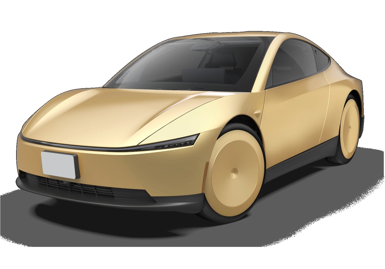 Gold Tesla Cybercab three-quarter front view with closed wheel covers and no side mirrors