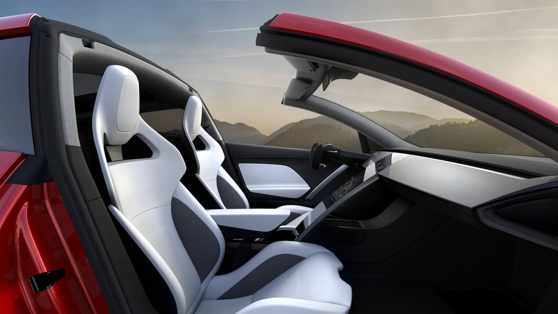 Official Tesla photo of the next-generation Roadster cabin with white seats and the door open