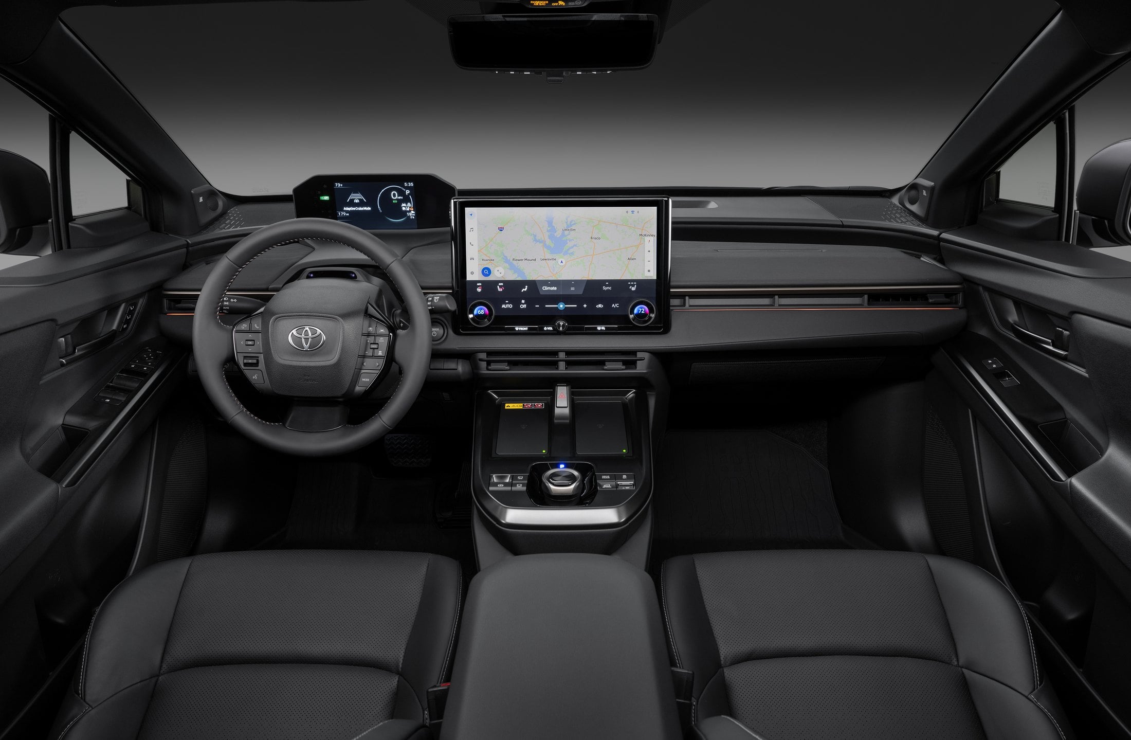 Official Toyota photo of the 2027 bZ Woodland cabin, 14-inch screen and high-mounted cluster