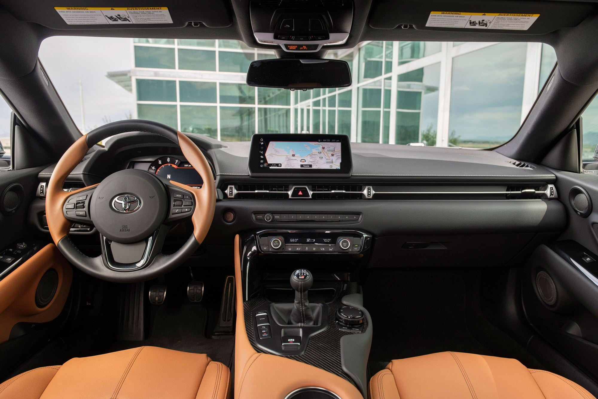 Official Toyota photo of the 2026 GR Supra Premium manual cockpit with stick and sport seats