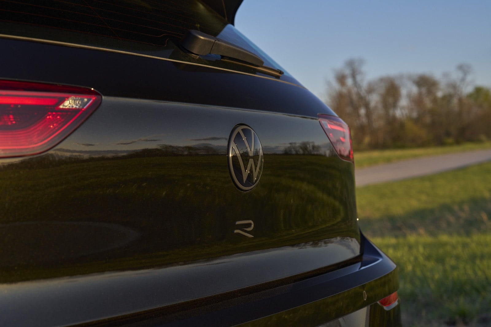 Official Volkswagen photo of the Golf R rear hatch badge and VW emblem