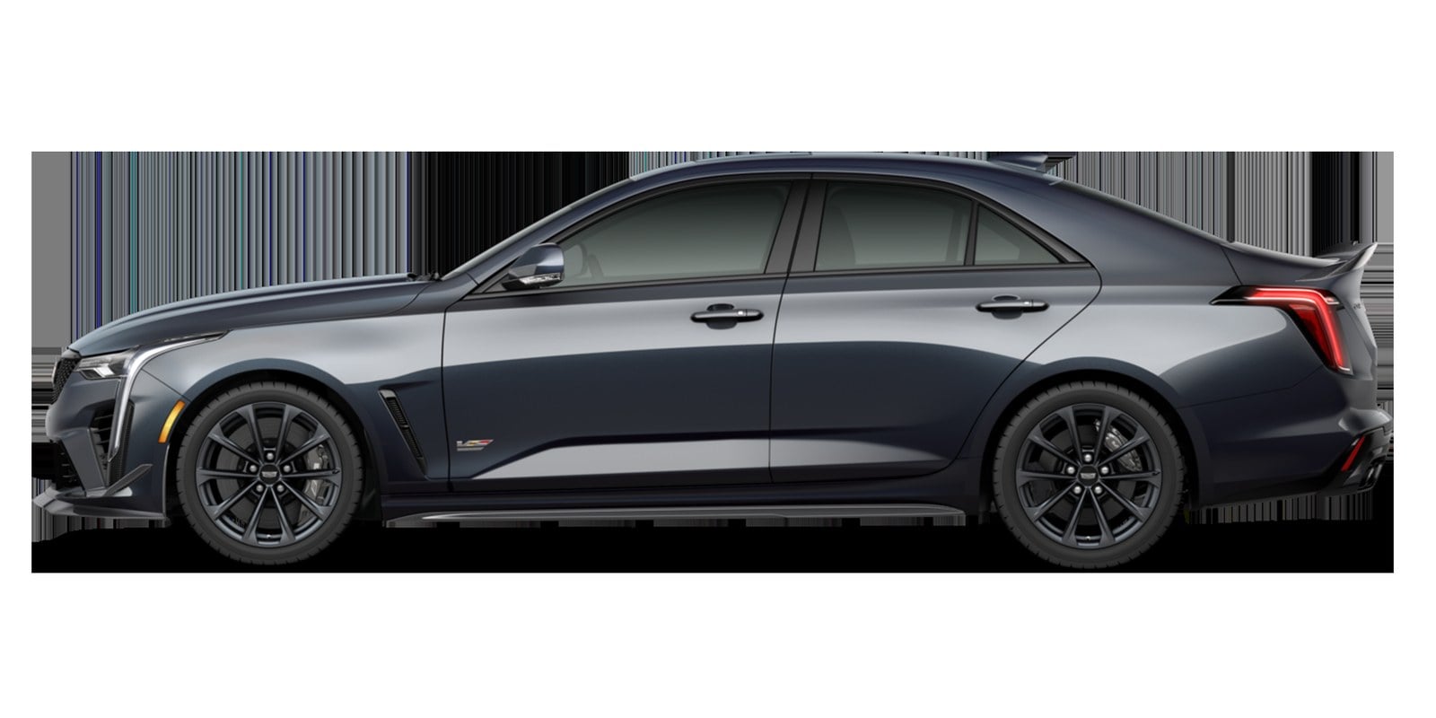 Official Cadillac photo of a dark gray 2026 CT4-V Blackwing side profile on a black studio background