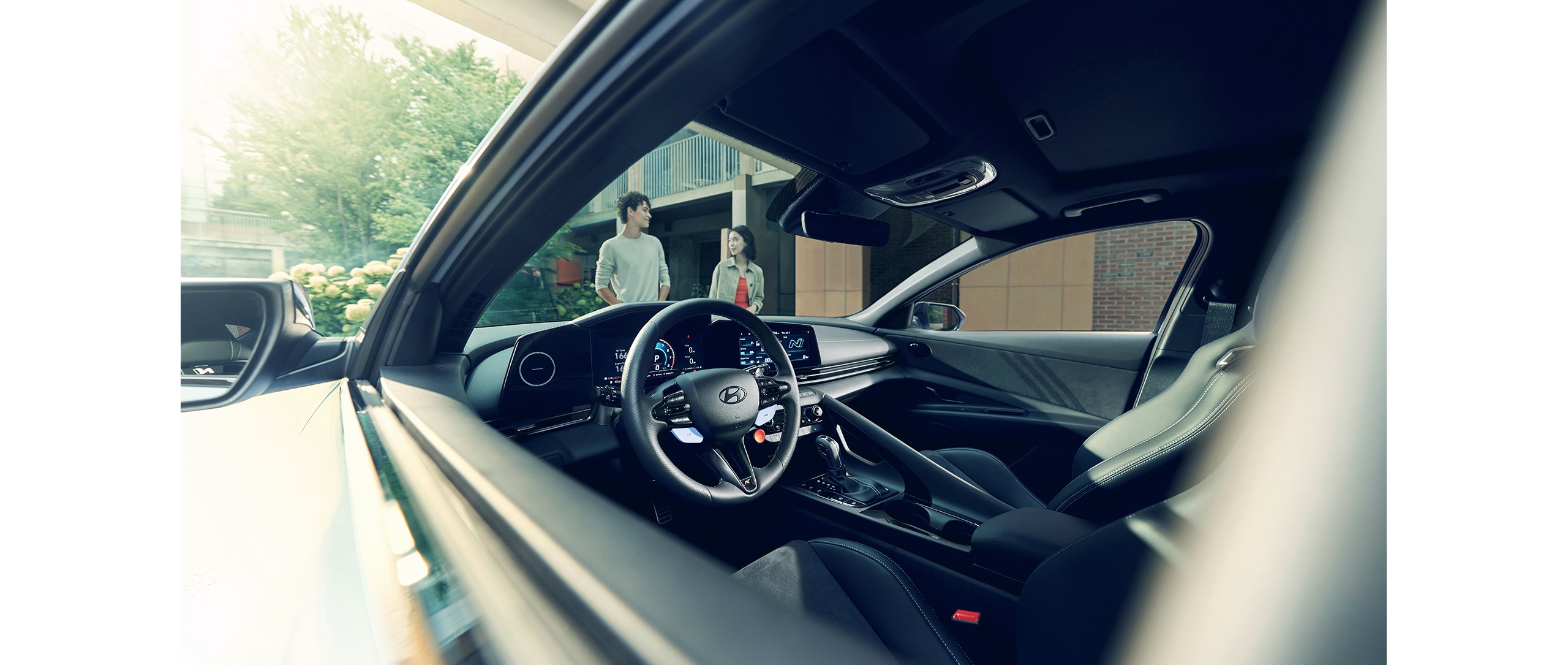 Official Hyundai photo of Elantra N cabin with N steering wheel and center console