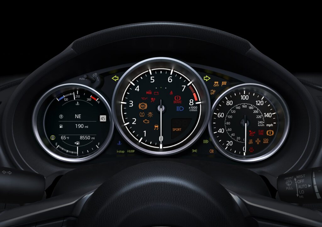 Official Mazda photo of 2026 MX-5 Miata instrument cluster tachometer redline at 7500 rpm