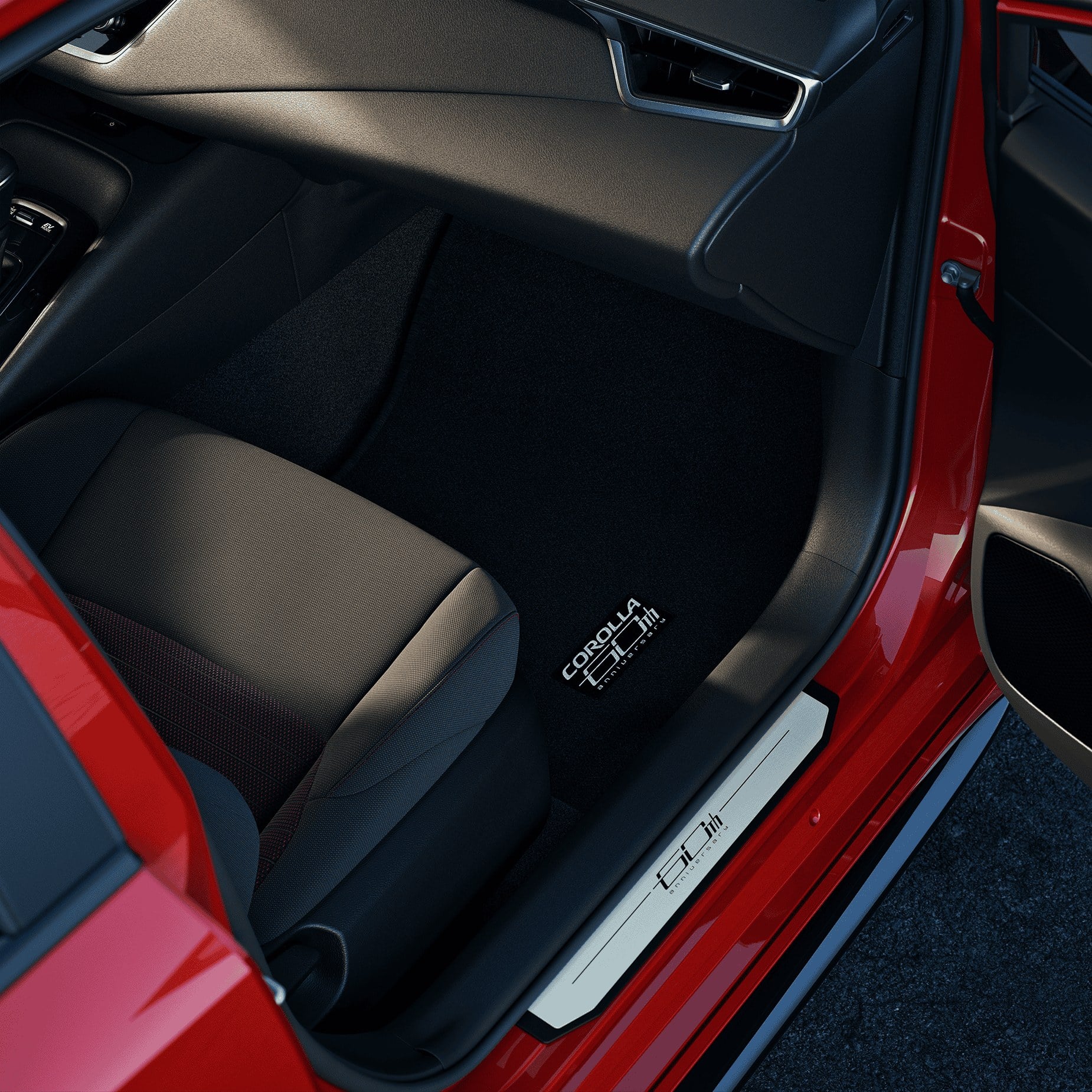 Official Toyota photo of 2027 Corolla 60th Anniversary door sill and floor mats