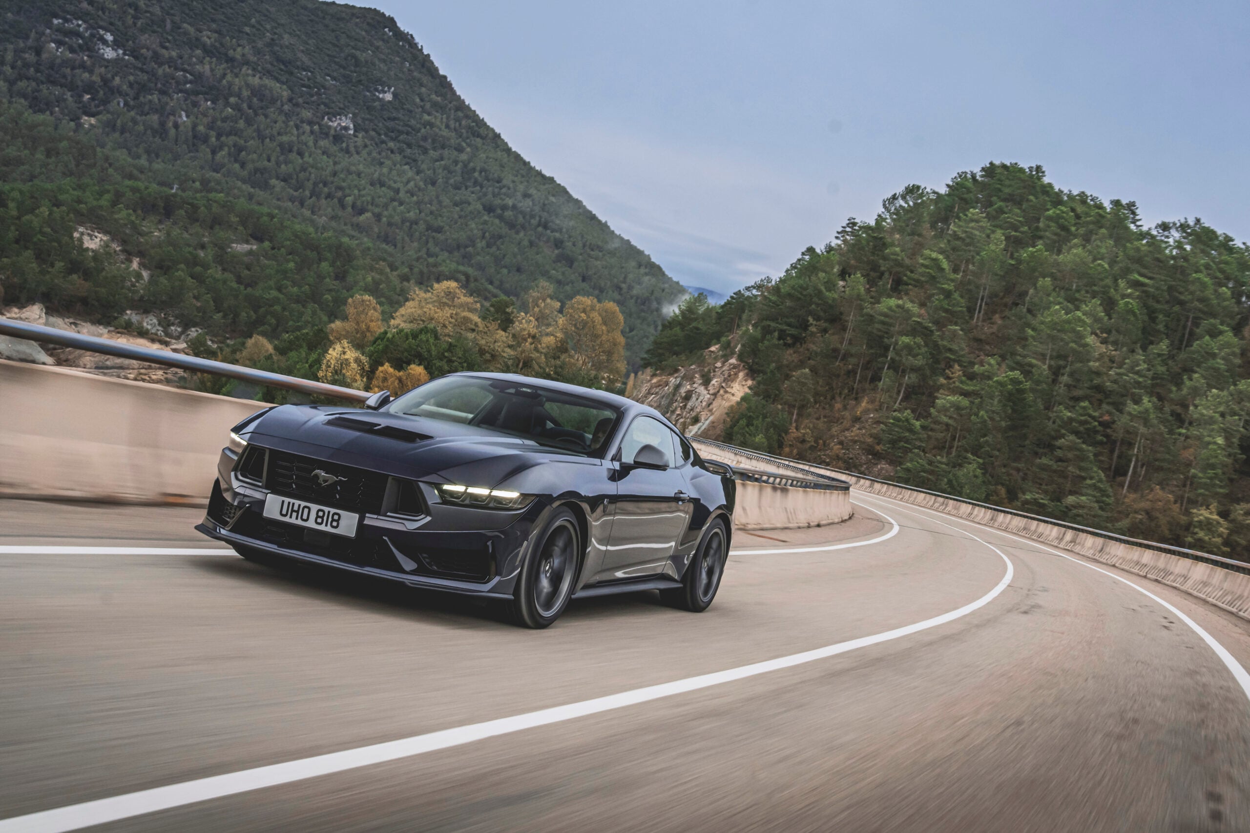 Official Ford photo of a Mustang Dark Horse exterior front three-quarter