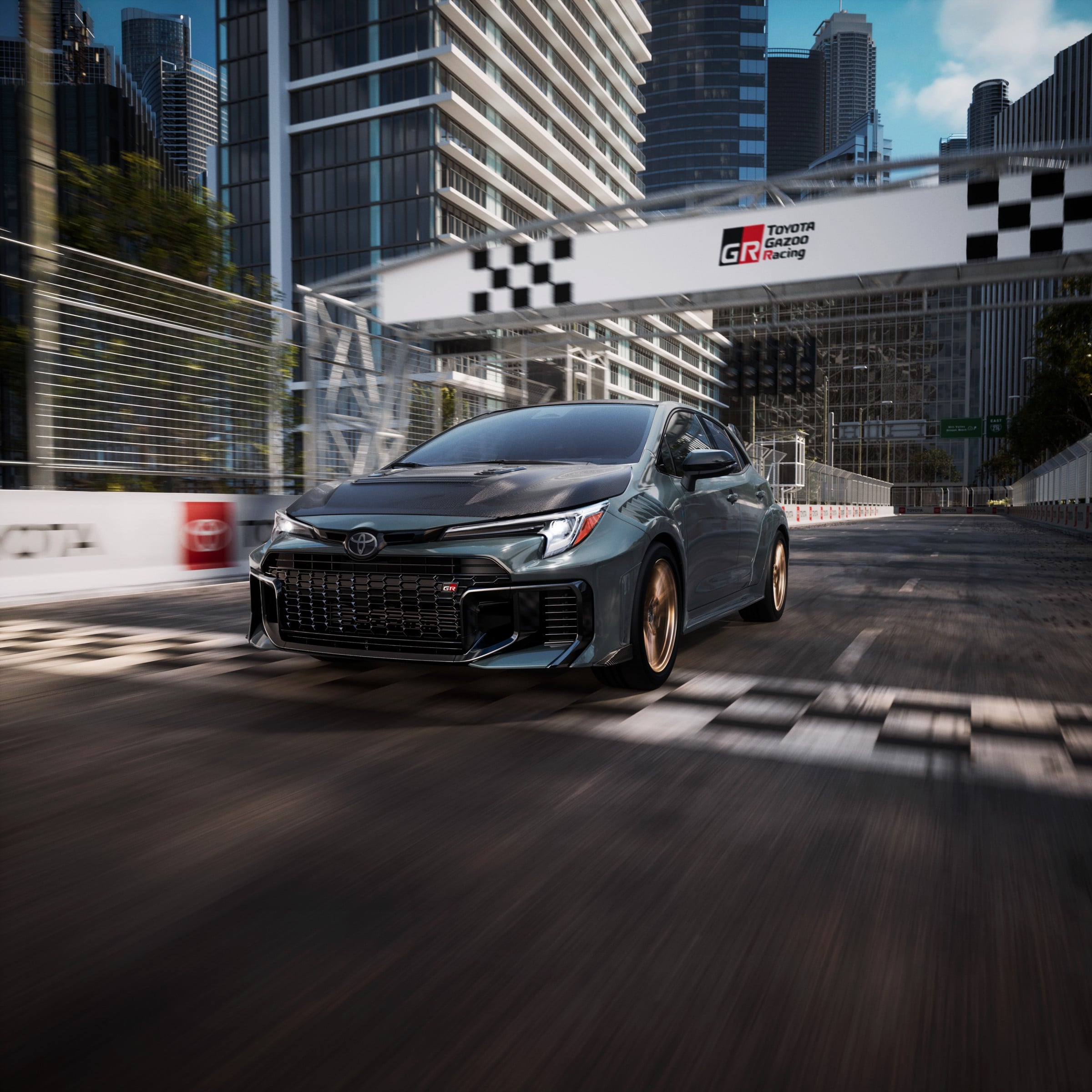 Official Toyota photo of 2026 GRMN Corolla crossing the start-finish line