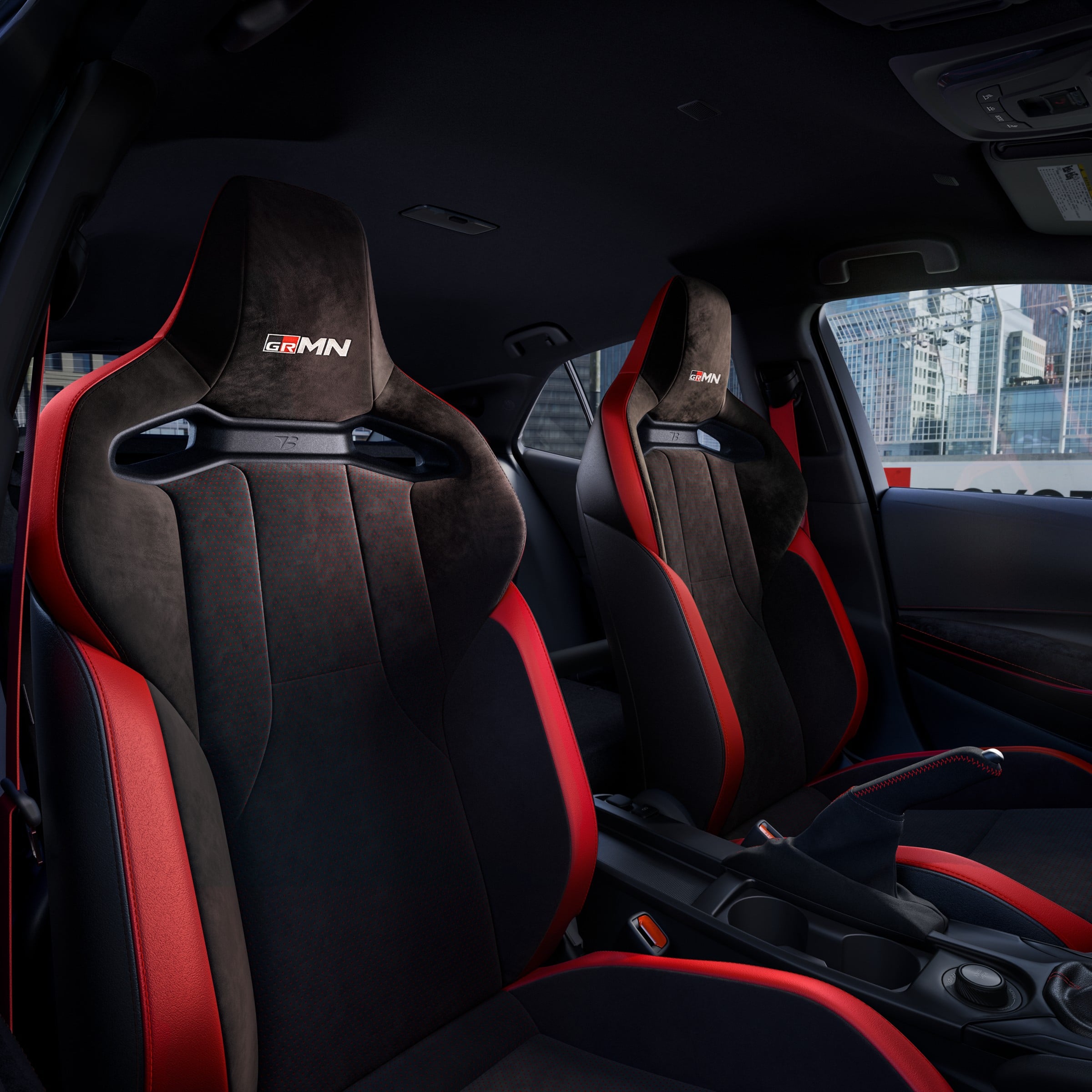 Official Toyota photo of 2026 GRMN Corolla bucket seats with GRMN headrest logos