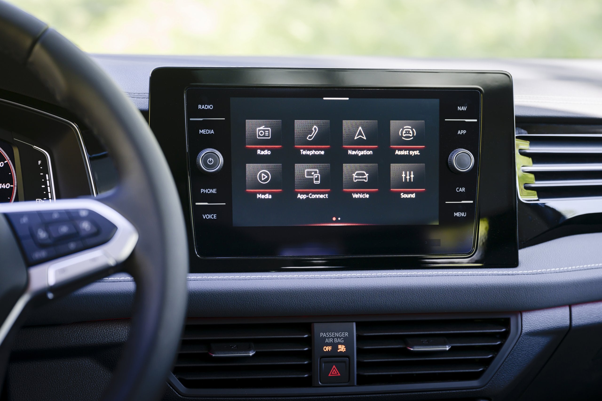 Official VW photo of Jetta GLI infotainment screen and red dash accent