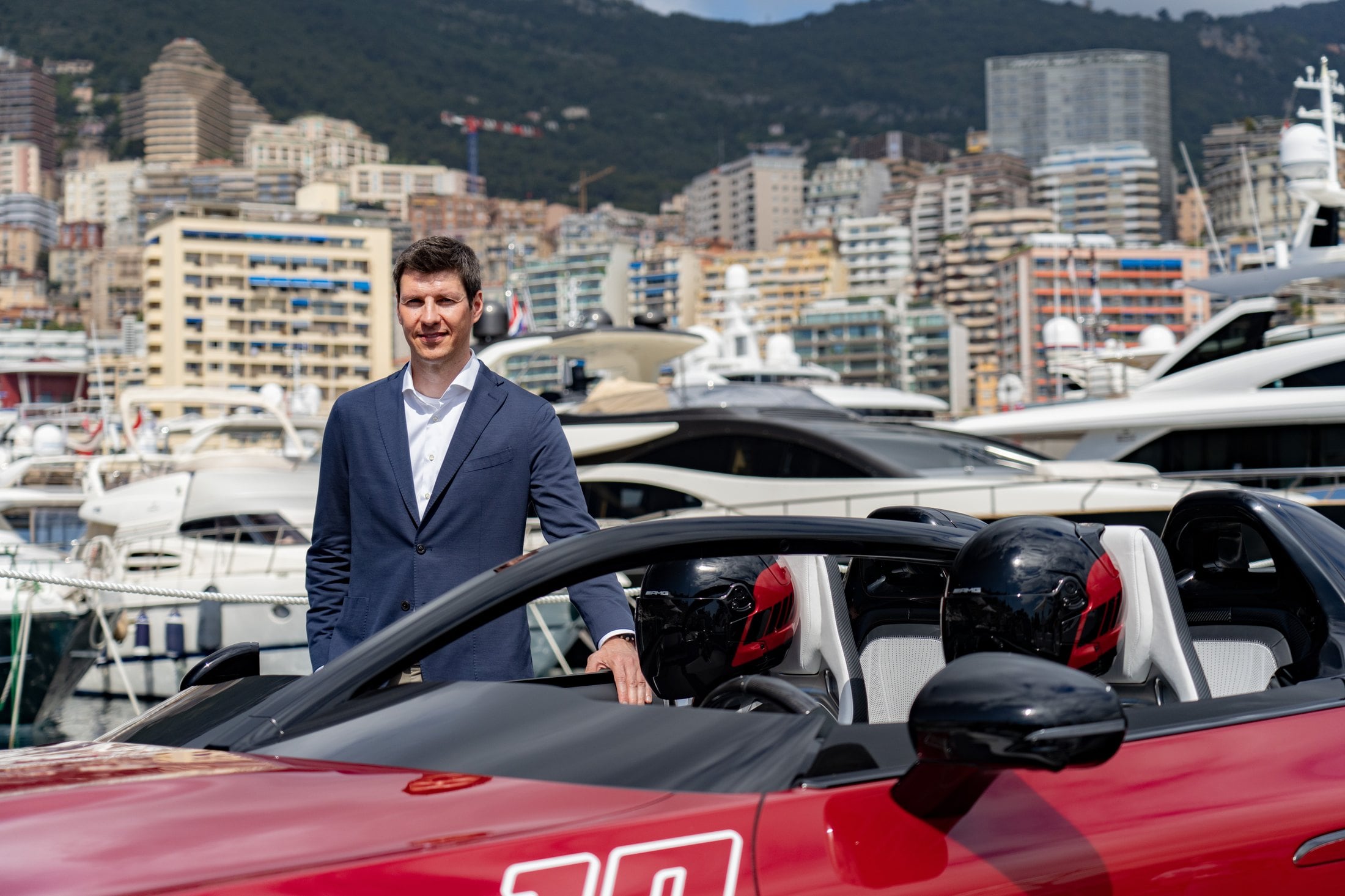 Official Mercedes-AMG photo of the Concept PureSpeed in Monaco with two PureSpeed helmets on the seats
