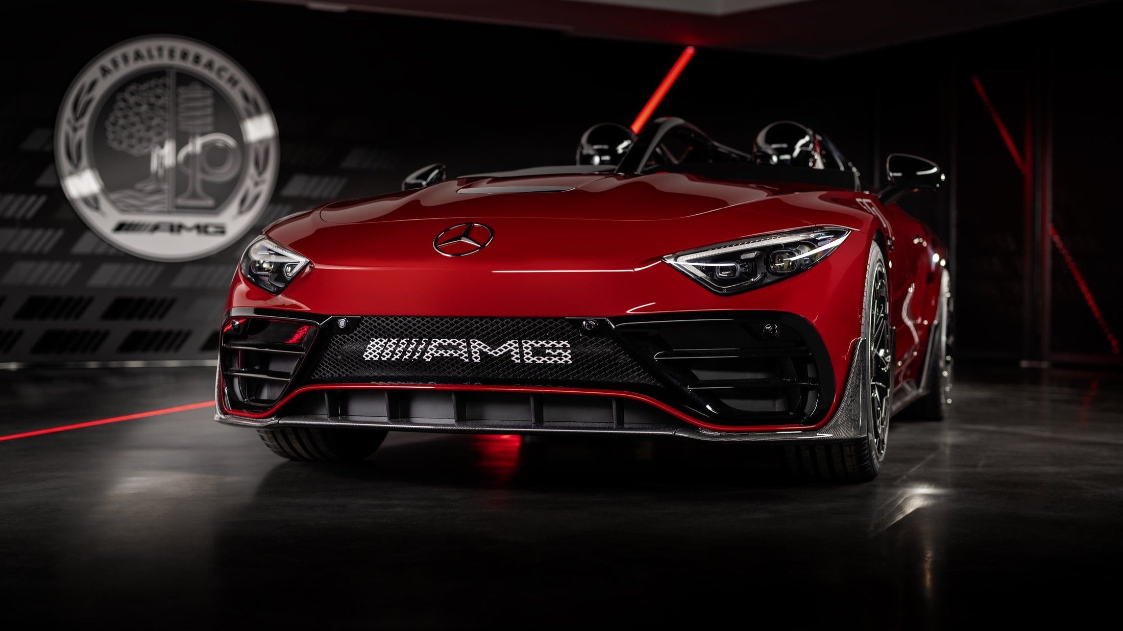 Official Mercedes-AMG studio photo of the Concept PureSpeed in front of the Affalterbach crest