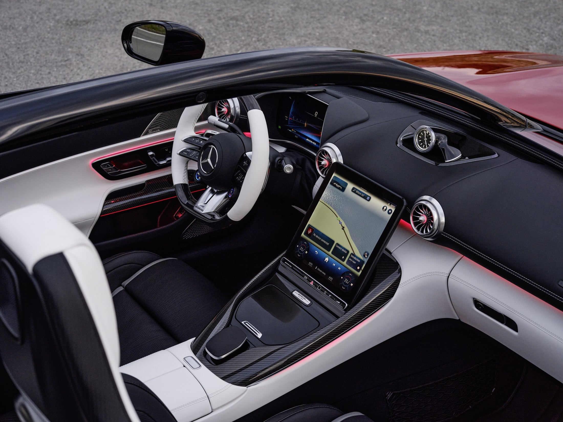 Official Mercedes-AMG photo of the PureSpeed cockpit, IWC Schaffhausen analogue clock, crystal white and black interior
