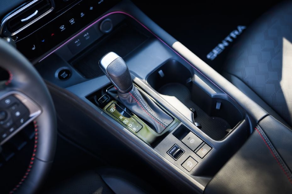 Official Nissan photo of the 2027 Nissan Sentra SR center console with the Xtronic CVT gear selector