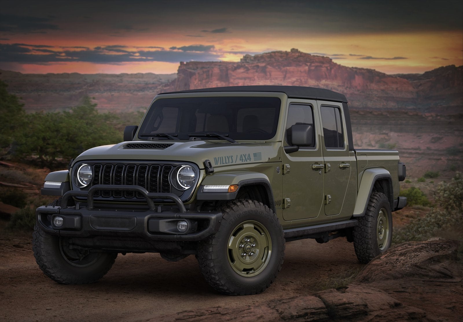 Official Jeep photo of the 2026 Jeep Gladiator Willys 41 buzz model in green with olive drab wheels