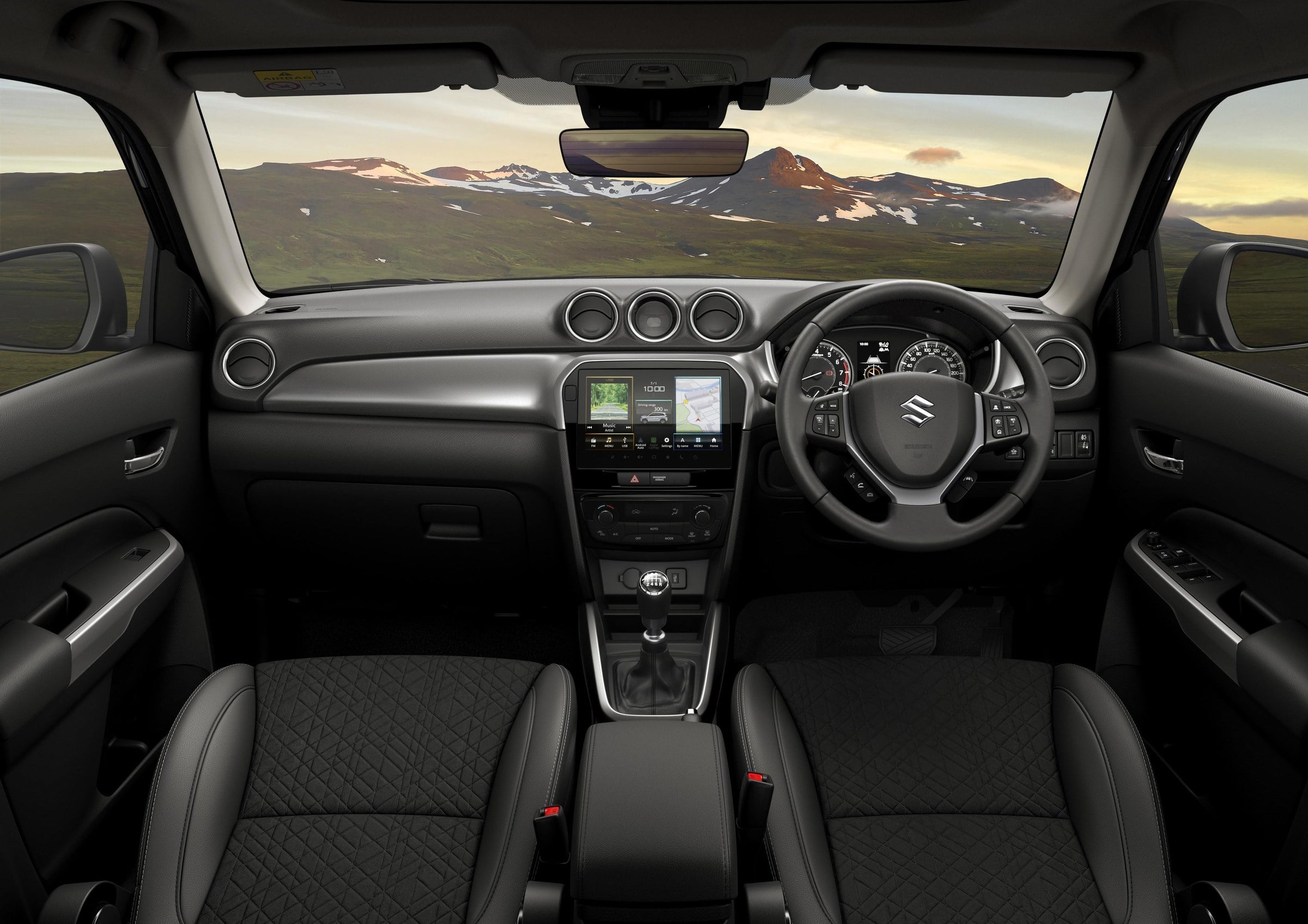 Official Suzuki GB photo of the Suzuki Vitara Ultra cabin with the six-speed manual shifter on the centre console