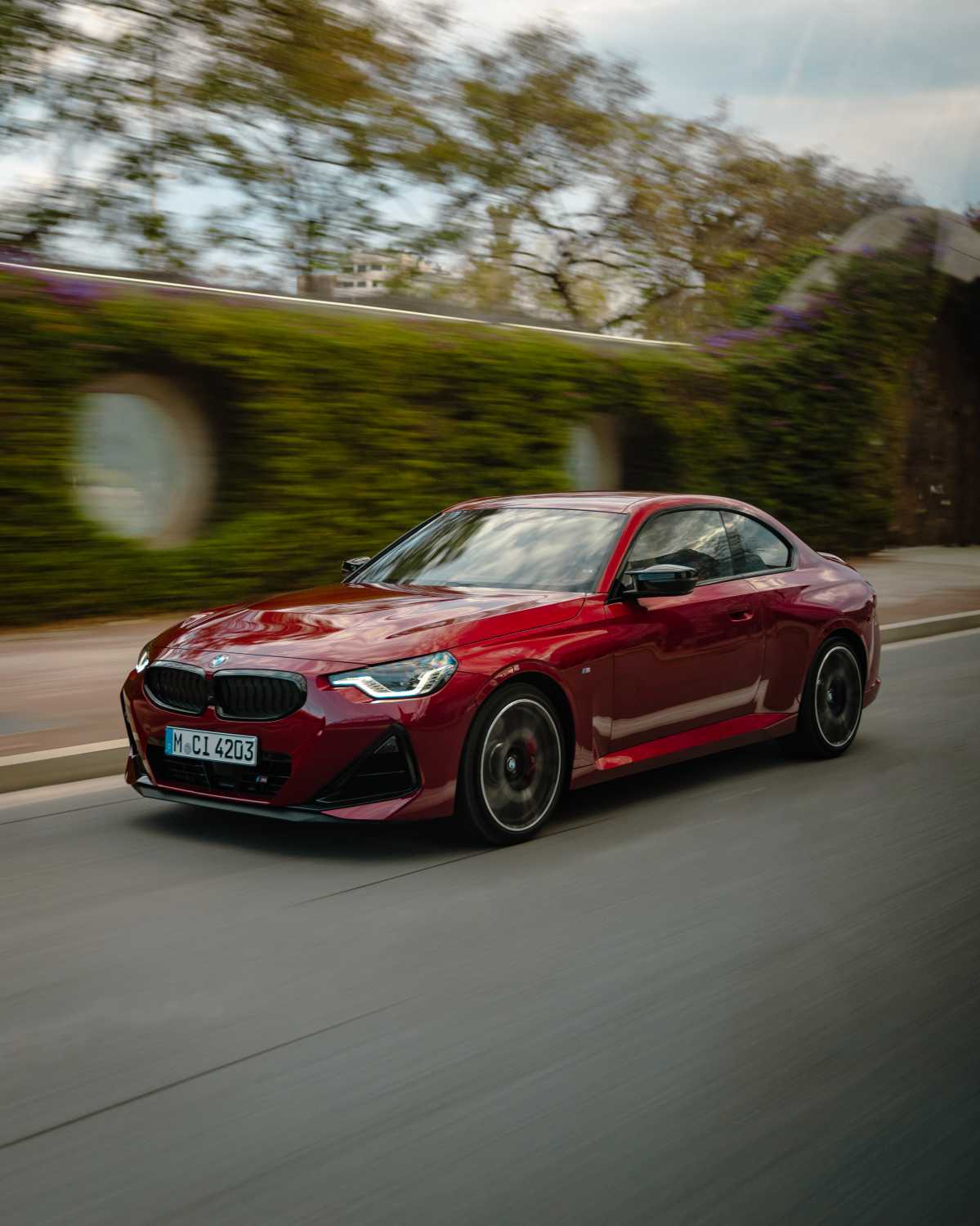 Official BMW press photo of the BMW M240i Coupe driving past hedges