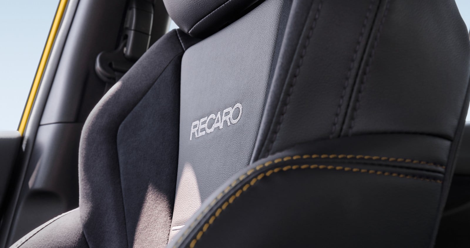 Official Subaru photo of the Recaro front seat with yellow stitching in the 2026 Subaru WRX Series.Yellow