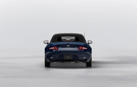 2026 Mazda MX-5 Miata Club in Deep Crystal Blue, rear view. Image courtesy of Mazda North American Operations.