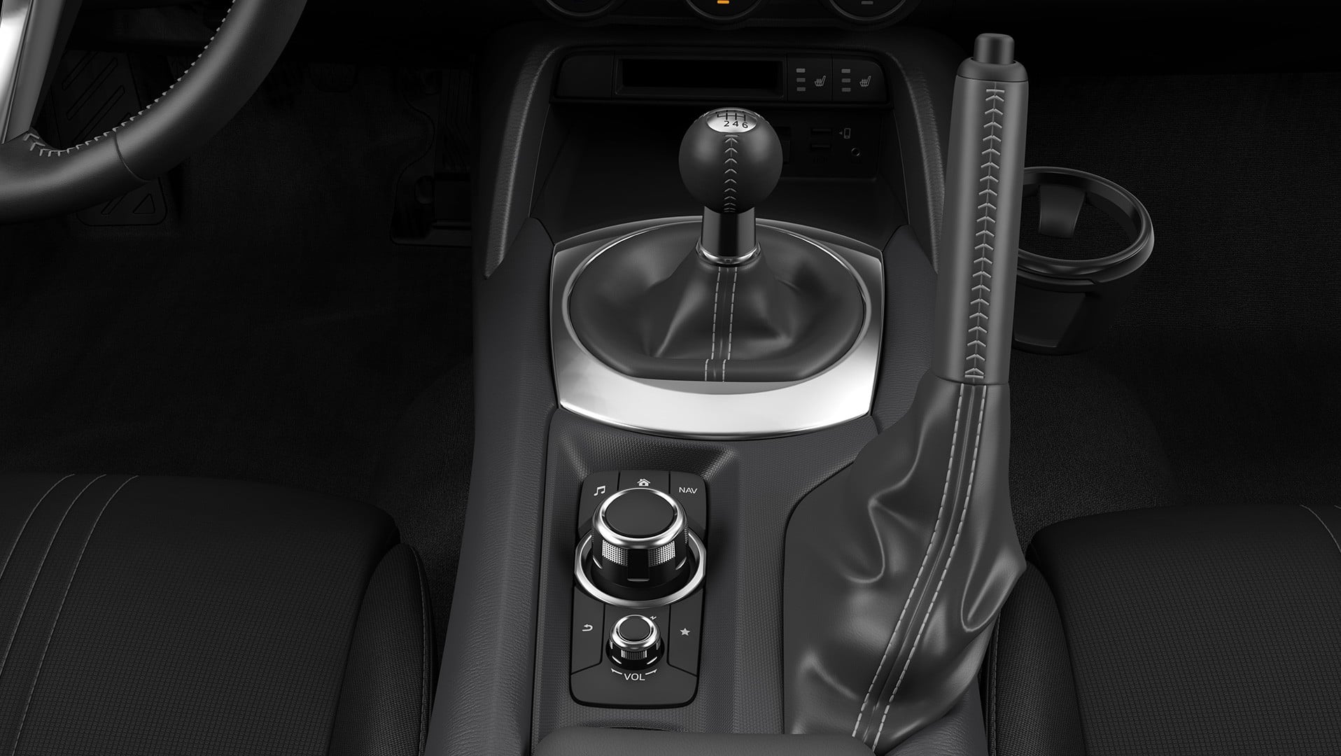Six-speed manual shifter and handbrake in the Mazda MX-5 Miata Club. Image courtesy of Mazda North American Operations.