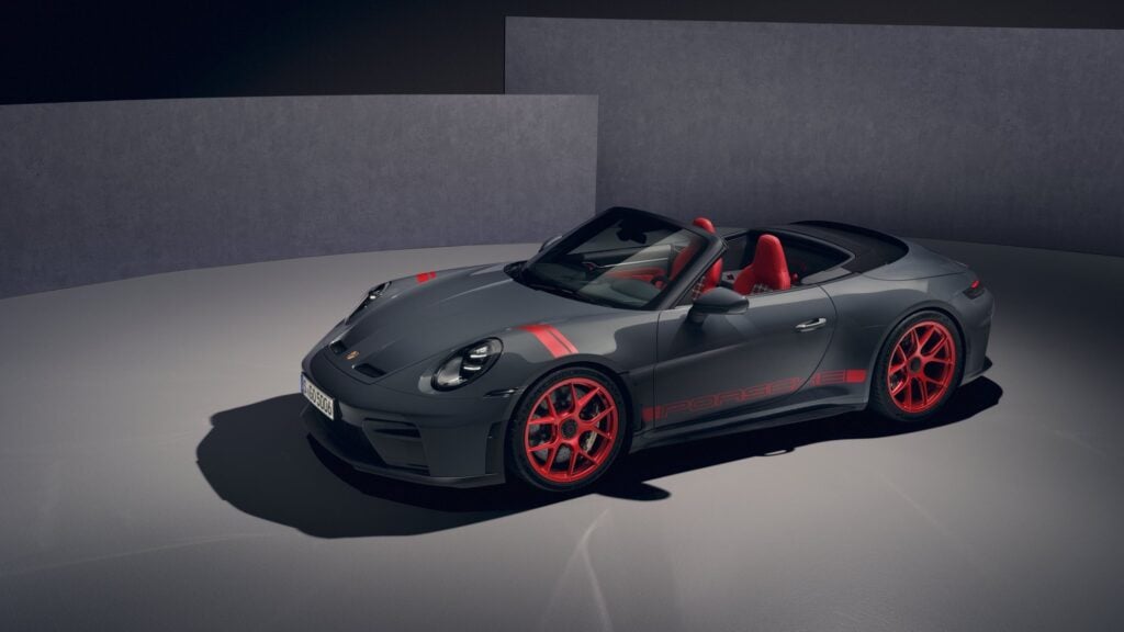 Official Porsche photo of the 2027 Porsche 911 GT3 S/C with the Porsche Street Style Package in grey with Pyro Red graphics and wheels