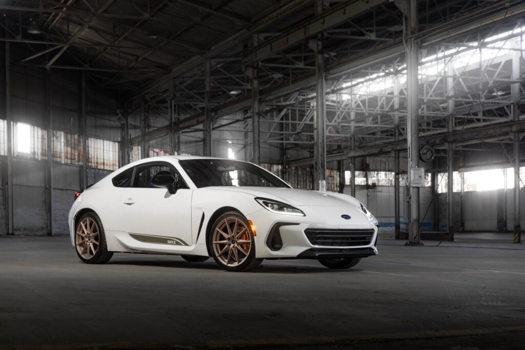 Official Subaru photo of the Ceramic White 2027 Subaru BRZ ZC15 with matte bronze wheels