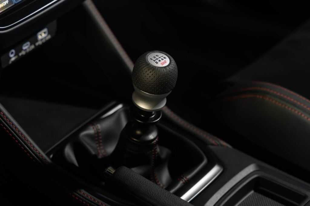 Official Subaru photo of the STI shift knob and short shifter for the 6-speed manual in the 2027 Subaru WRX GD25