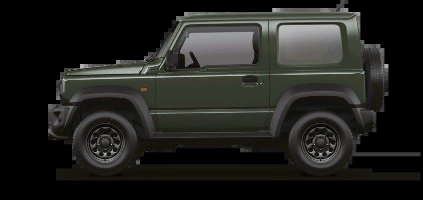 Suzuki Jimny Lite in Jungle Green, side profile with steel wheels. Image courtesy of Suzuki Australia.