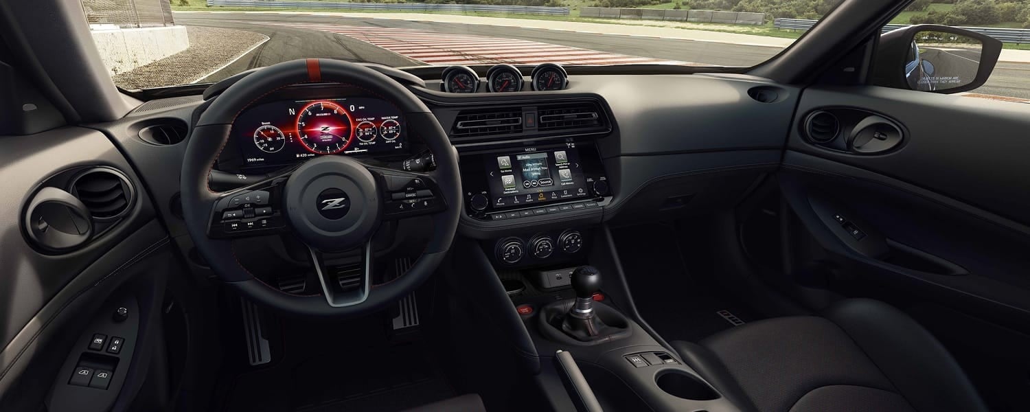 Official Nissan photo of the 2027 Nissan Z NISMO cockpit with the six-speed manual shifter